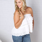Birdie Lace Trim Ruffled Strapless Trapez Top - White FINAL SALE