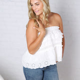 Birdie Lace Trim Ruffled Strapless Trapez Top - White FINAL SALE