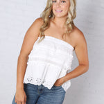 Birdie Lace Trim Ruffled Strapless Trapez Top - White FINAL SALE