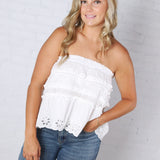 Birdie Lace Trim Ruffled Strapless Trapez Top - White FINAL SALE