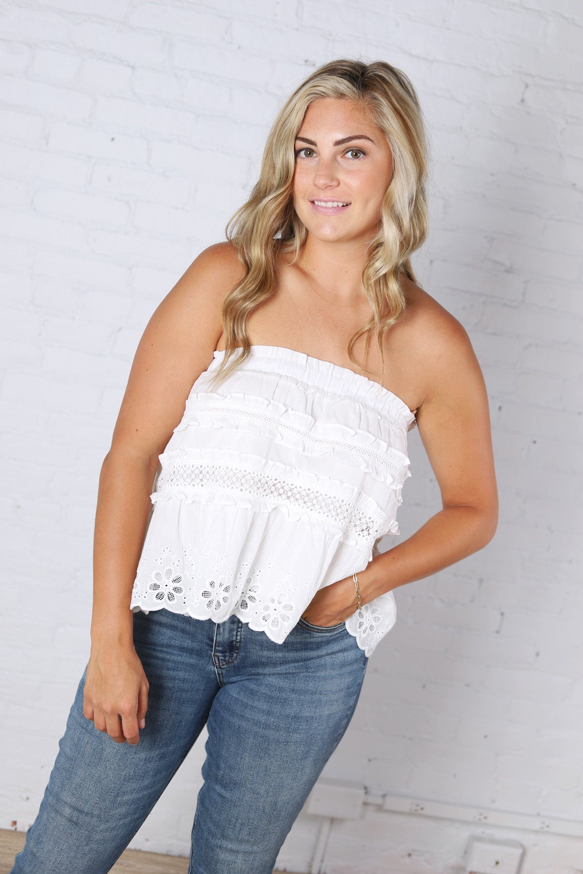 Birdie Lace Trim Ruffled Strapless Trapez Top - White FINAL SALE