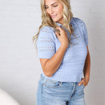 Blakely Coastal Split Neck Sheer Weaving Pointelle Sweater - Power Blue