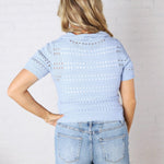 Blakely Coastal Split Neck Sheer Weaving Pointelle Sweater - Power Blue