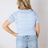 Blakely Coastal Split Neck Sheer Weaving Pointelle Sweater - Power Blue