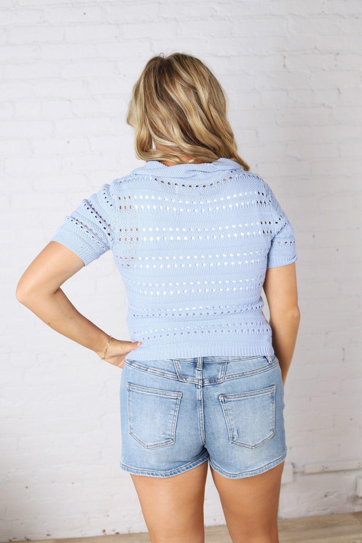 Blakely Coastal Split Neck Sheer Weaving Pointelle Sweater - Power Blue