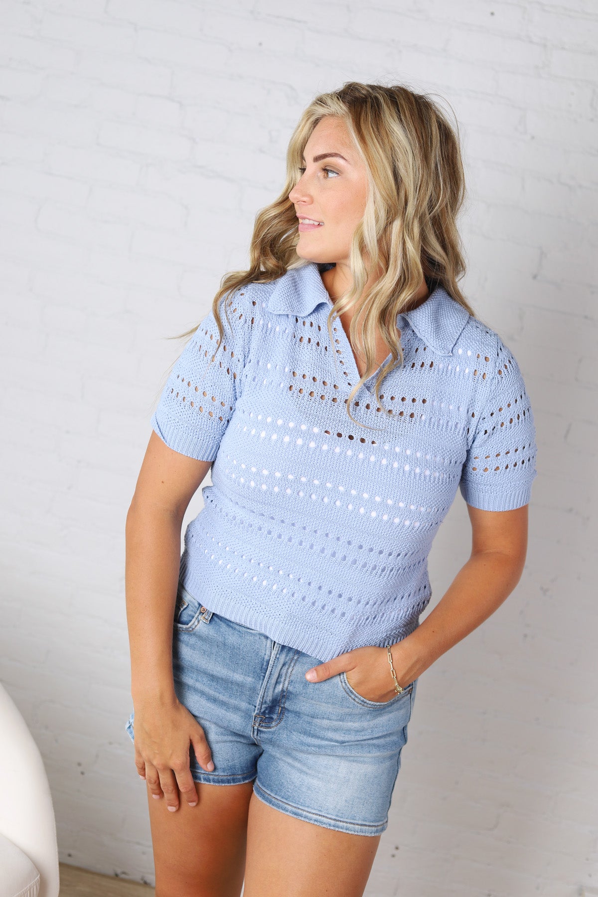 Blakely Coastal Split Neck Sheer Weaving Pointelle Sweater - Power Blue