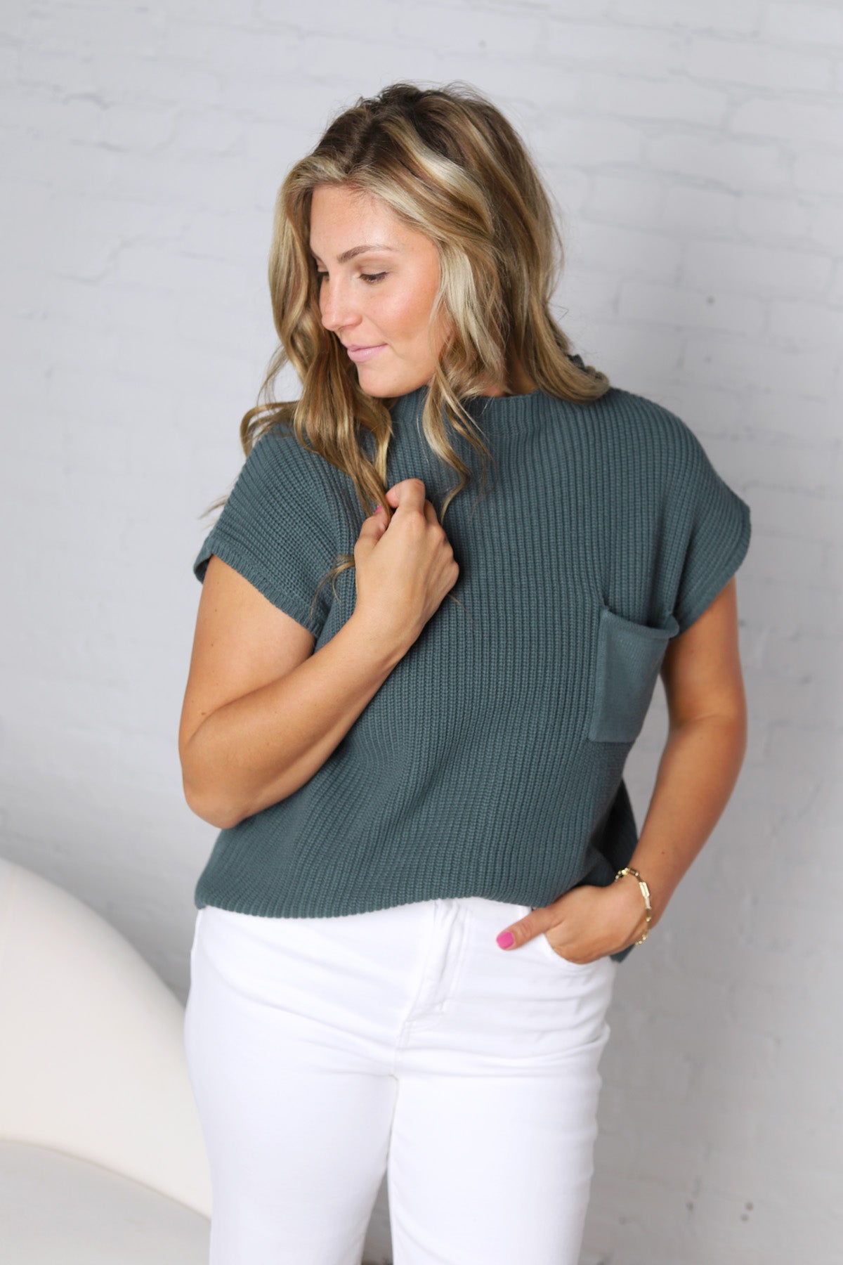 Blythe Mock Neck Short Sleeve Sweater - Ash Jade