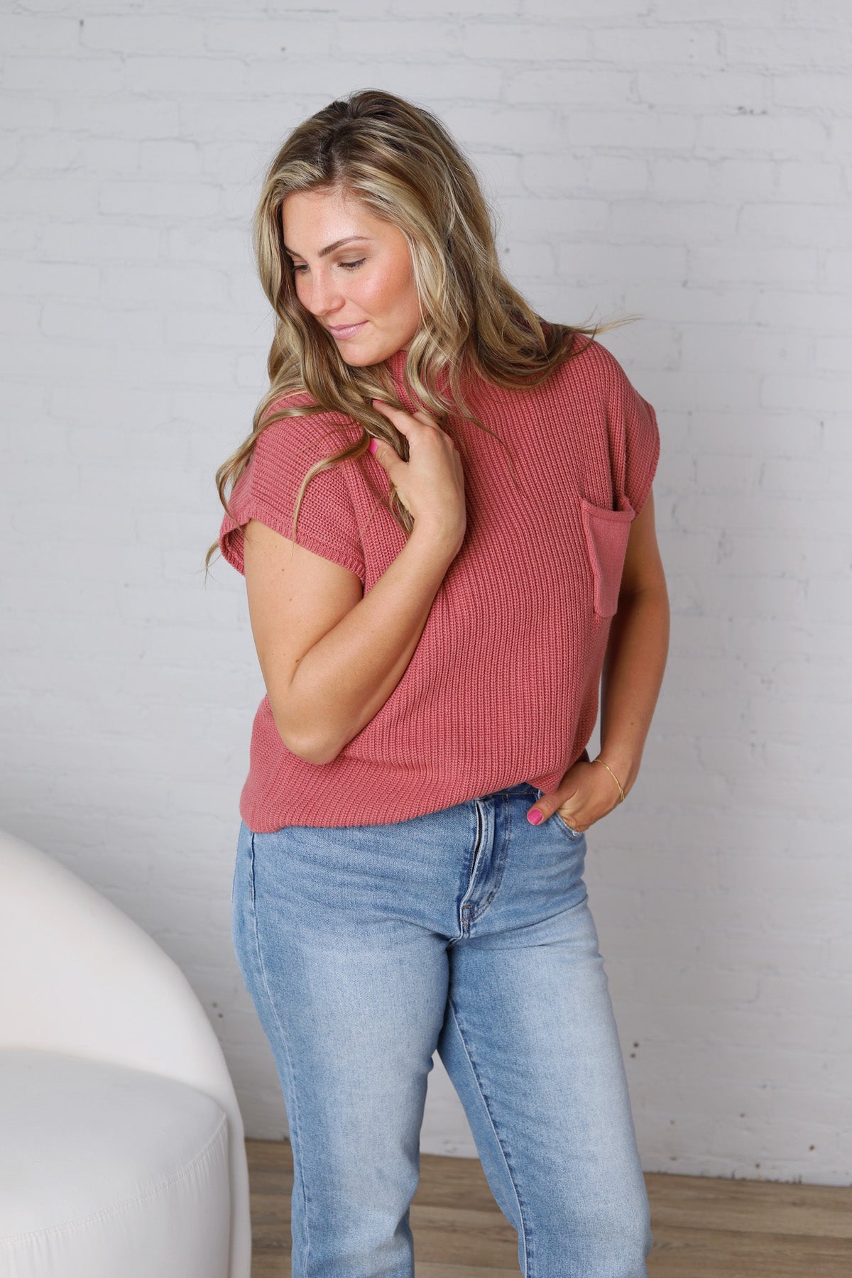 Blythe Mock Neck Short Sleeve Sweater - Winter Rose