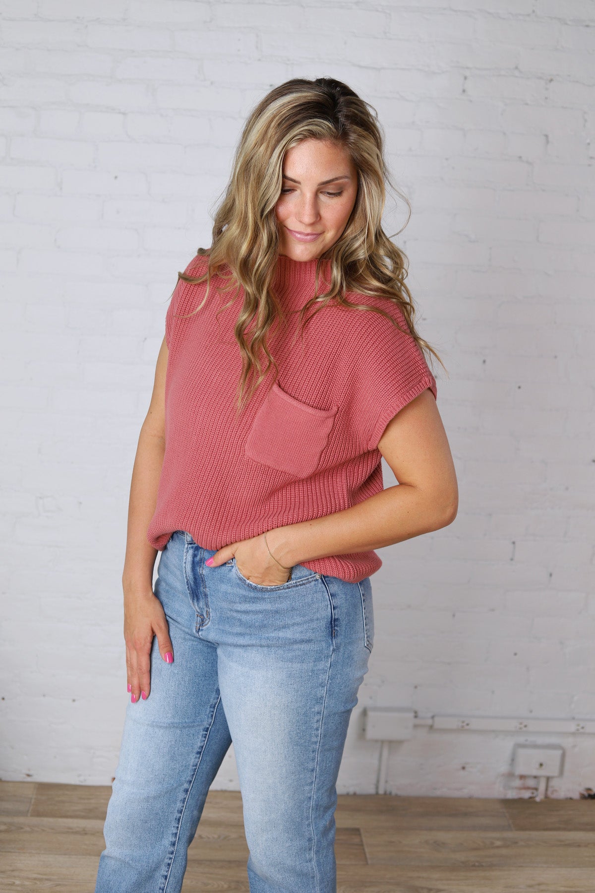 Blythe Mock Neck Short Sleeve Sweater - Winter Rose