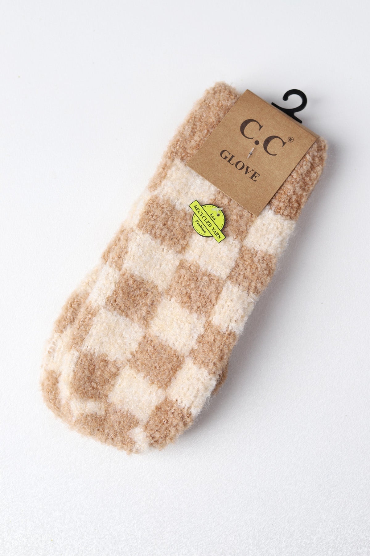 Boucle Checkered Pattern Mittens - Beige/Camel