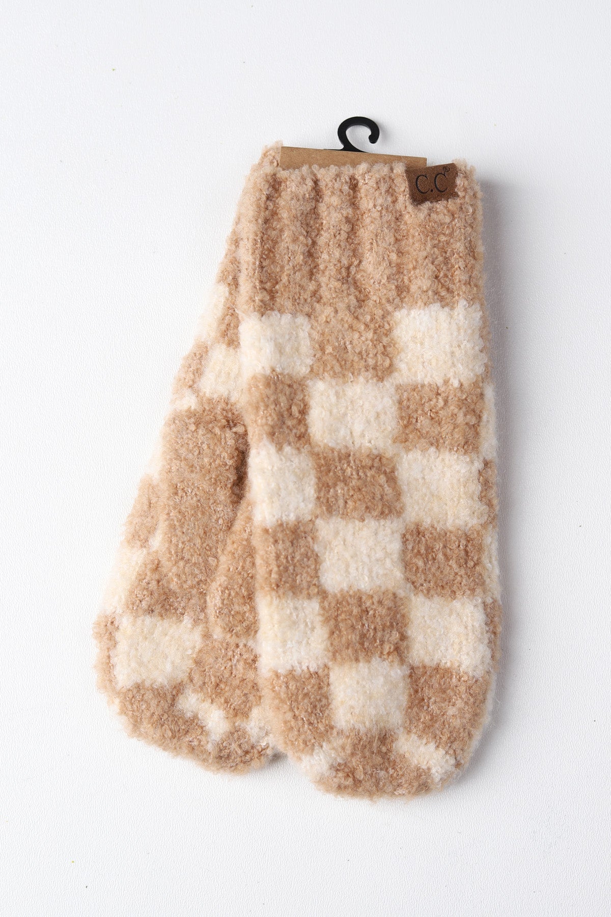 Boucle Checkered Pattern Mittens - Beige/Camel