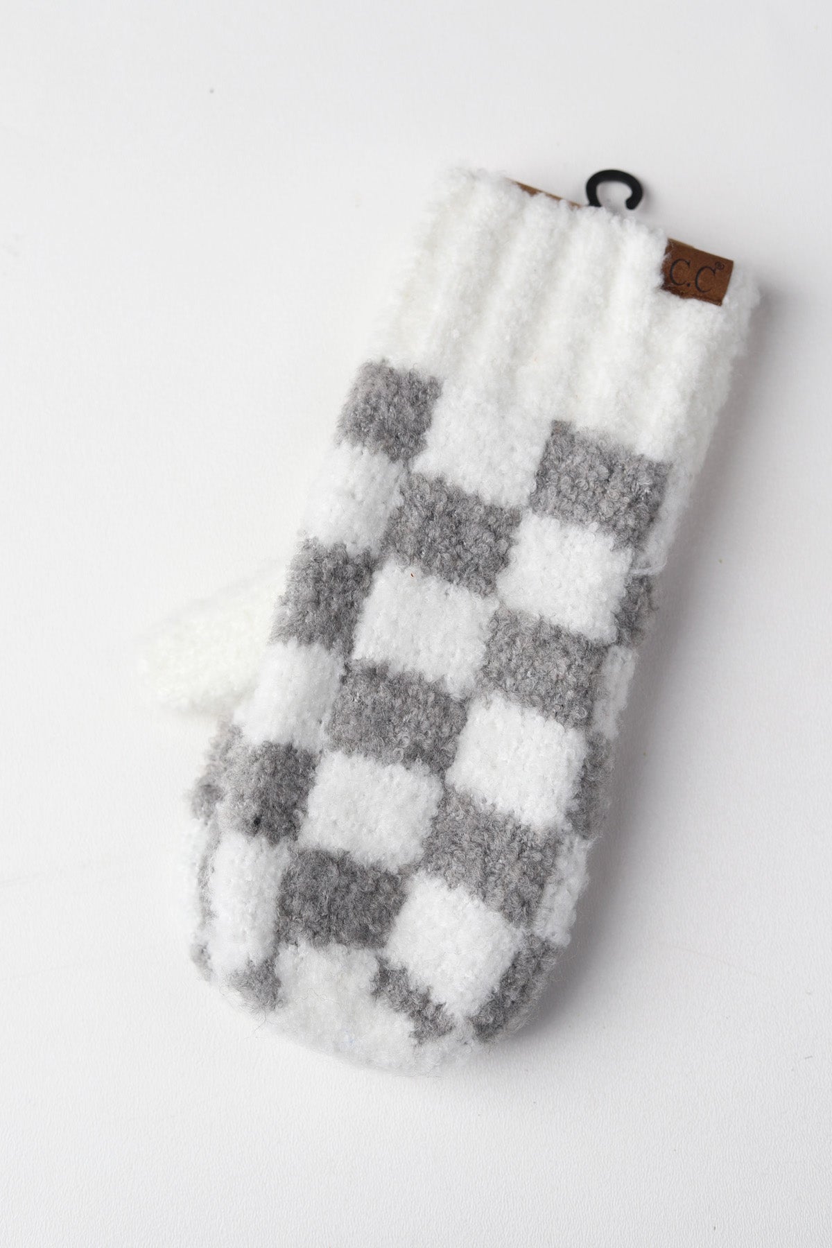 Boucle Checkered Pattern Mittens - LT Grey/White