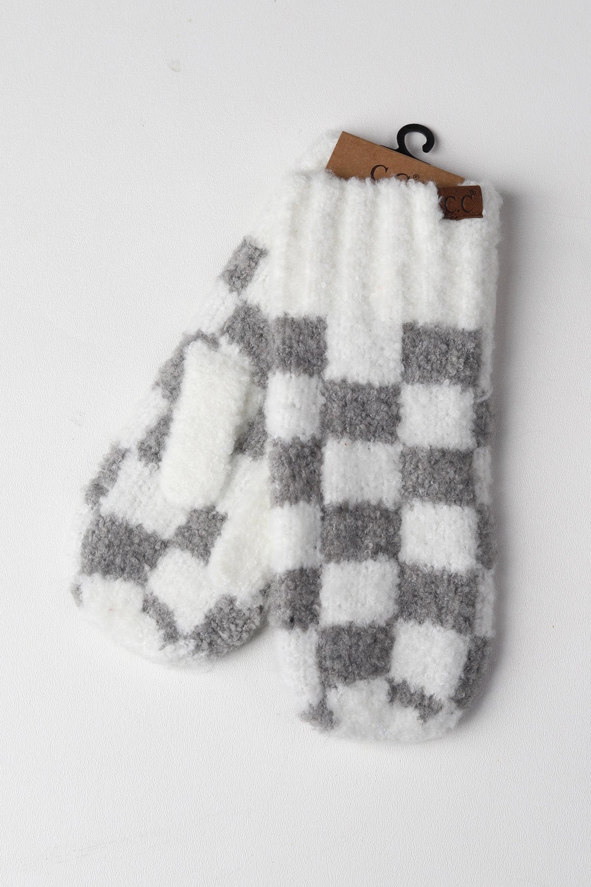 Boucle Checkered Pattern Mittens - LT Grey/White