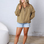 Brea Cord Collar Zip-Front Long Sleeve Jacket - Khaki