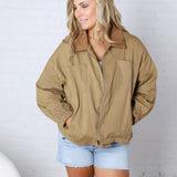 Brea Cord Collar Zip-Front Long Sleeve Jacket - Khaki