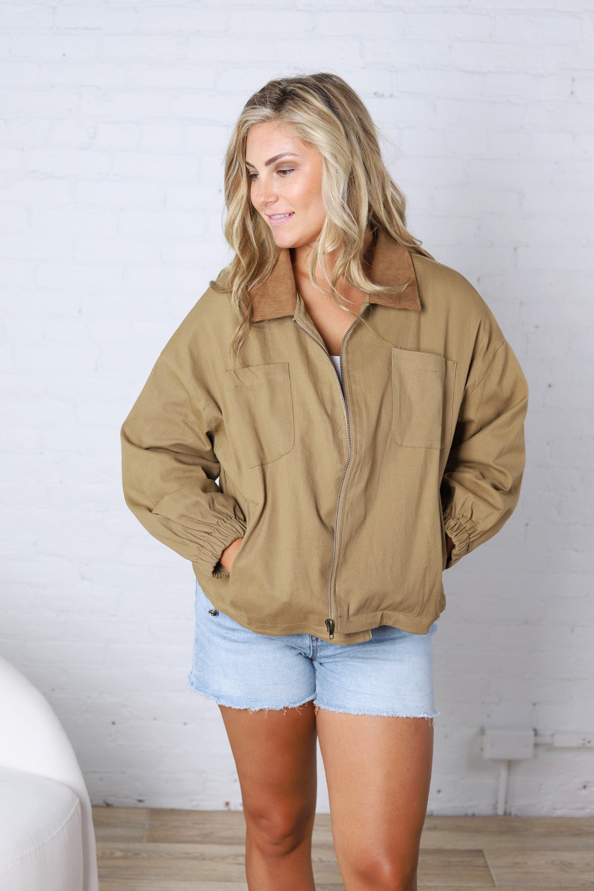 Brea Cord Collar Zip-Front Long Sleeve Jacket - Khaki