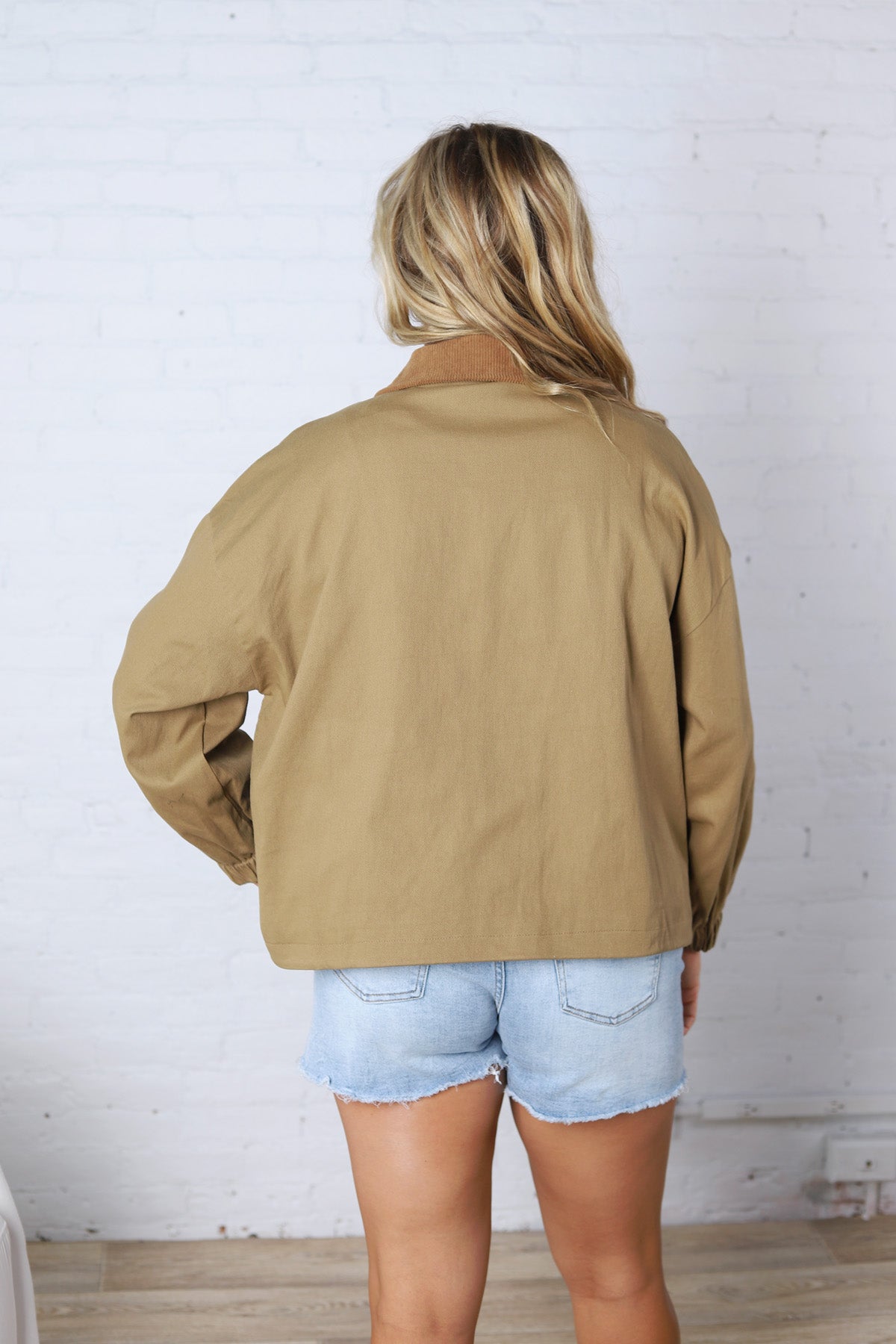 Brea Cord Collar Zip-Front Long Sleeve Jacket - Khaki