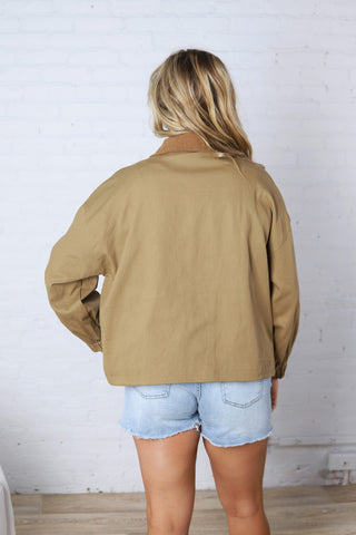 Brea Cord Collar Zip-Front Long Sleeve Jacket - Khaki