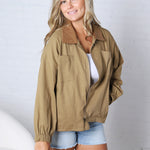 Brea Cord Collar Zip-Front Long Sleeve Jacket - Khaki