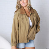 Brea Cord Collar Zip-Front Long Sleeve Jacket - Khaki