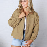 Brea Cord Collar Zip-Front Long Sleeve Jacket - Khaki