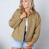 Brea Cord Collar Zip-Front Long Sleeve Jacket - Khaki