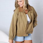 Brea Cord Collar Zip-Front Long Sleeve Jacket - Khaki