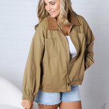 Brea Cord Collar Zip-Front Long Sleeve Jacket - Khaki