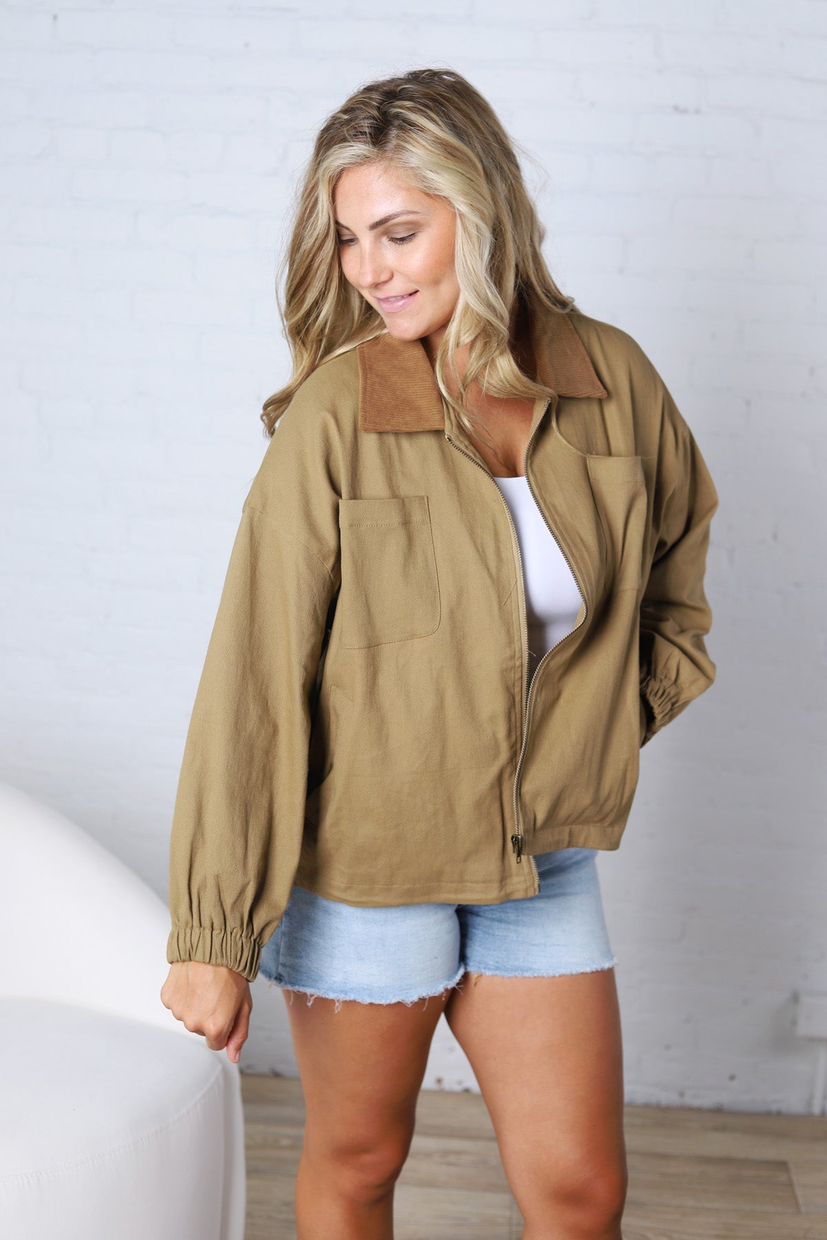 Brea Cord Collar Zip-Front Long Sleeve Jacket - Khaki