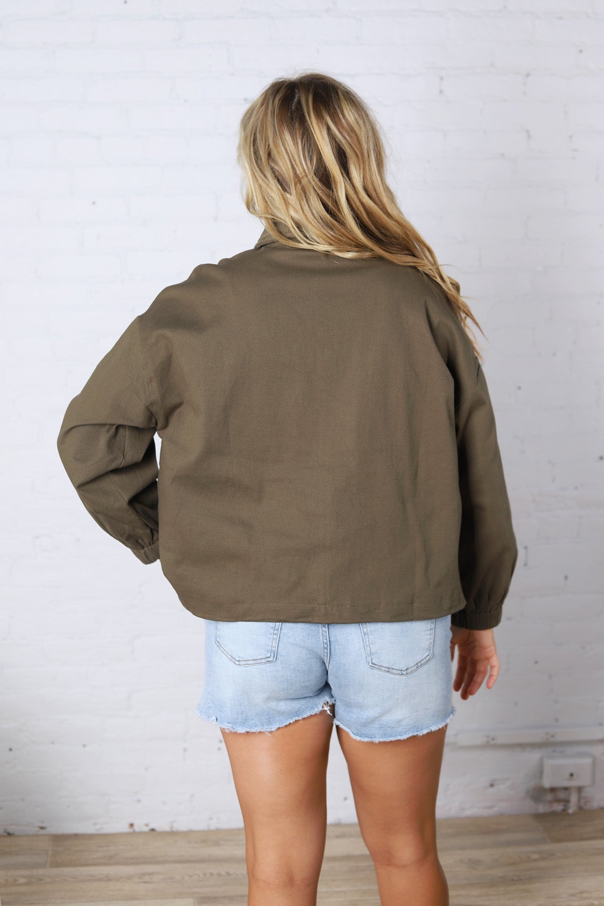 Brea Cord Collar Zip-Front Long Sleeve Jacket - Olive