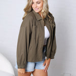 Brea Cord Collar Zip-Front Long Sleeve Jacket - Olive