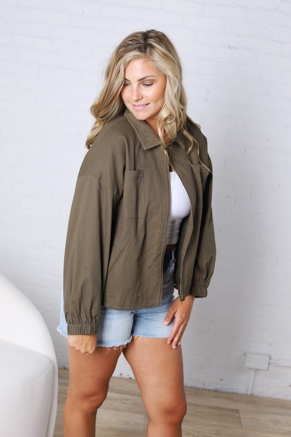 Brea Cord Collar Zip-Front Long Sleeve Jacket - Olive