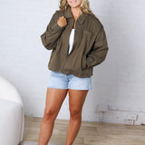 Brea Cord Collar Zip-Front Long Sleeve Jacket - Olive