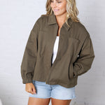 Brea Cord Collar Zip-Front Long Sleeve Jacket - Olive