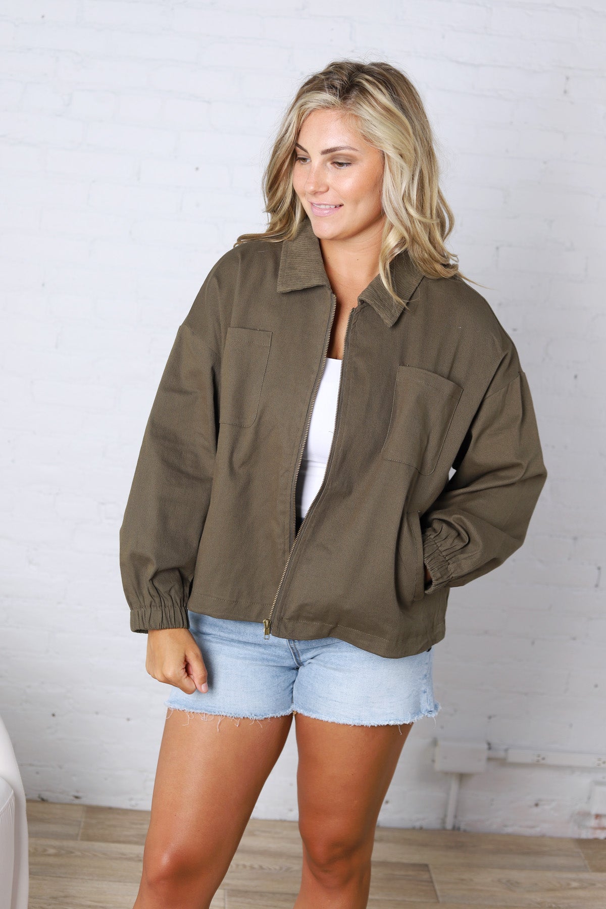 Brea Cord Collar Zip-Front Long Sleeve Jacket - Olive