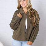 Brea Cord Collar Zip-Front Long Sleeve Jacket - Olive