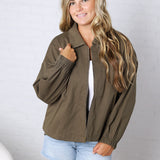 Brea Cord Collar Zip-Front Long Sleeve Jacket - Olive