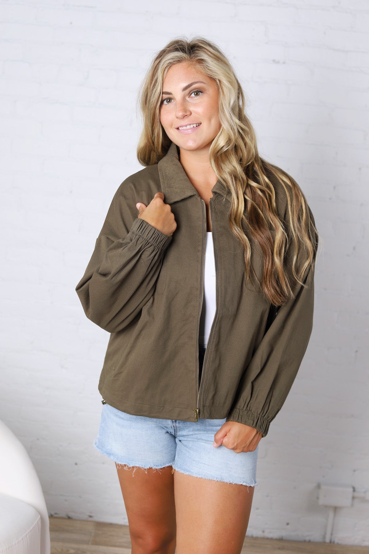 Brea Cord Collar Zip-Front Long Sleeve Jacket - Olive