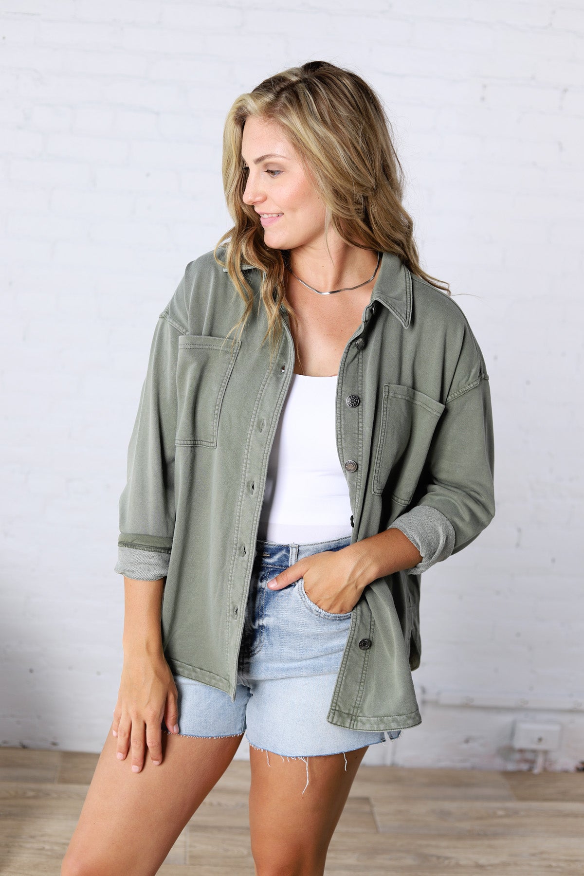 Brenly Cotton Fleece Oversized Shacket - Olive