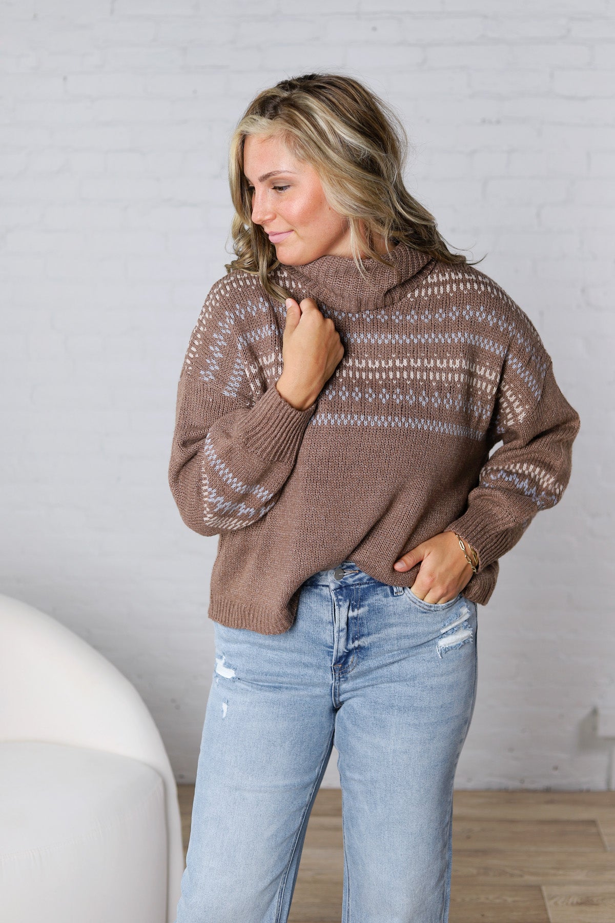 Brexley Fair Isle Cowl Neck Sweater - Brown