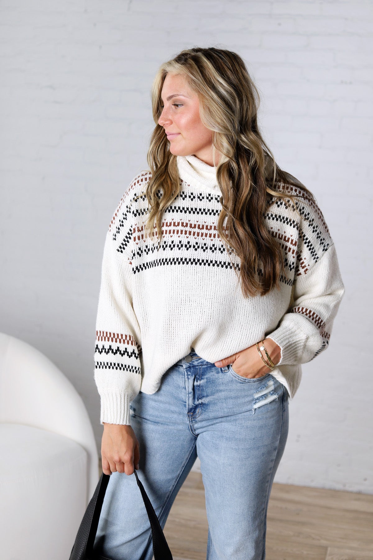 Brexley Fair Isle Cowl Neck Sweater - Cream