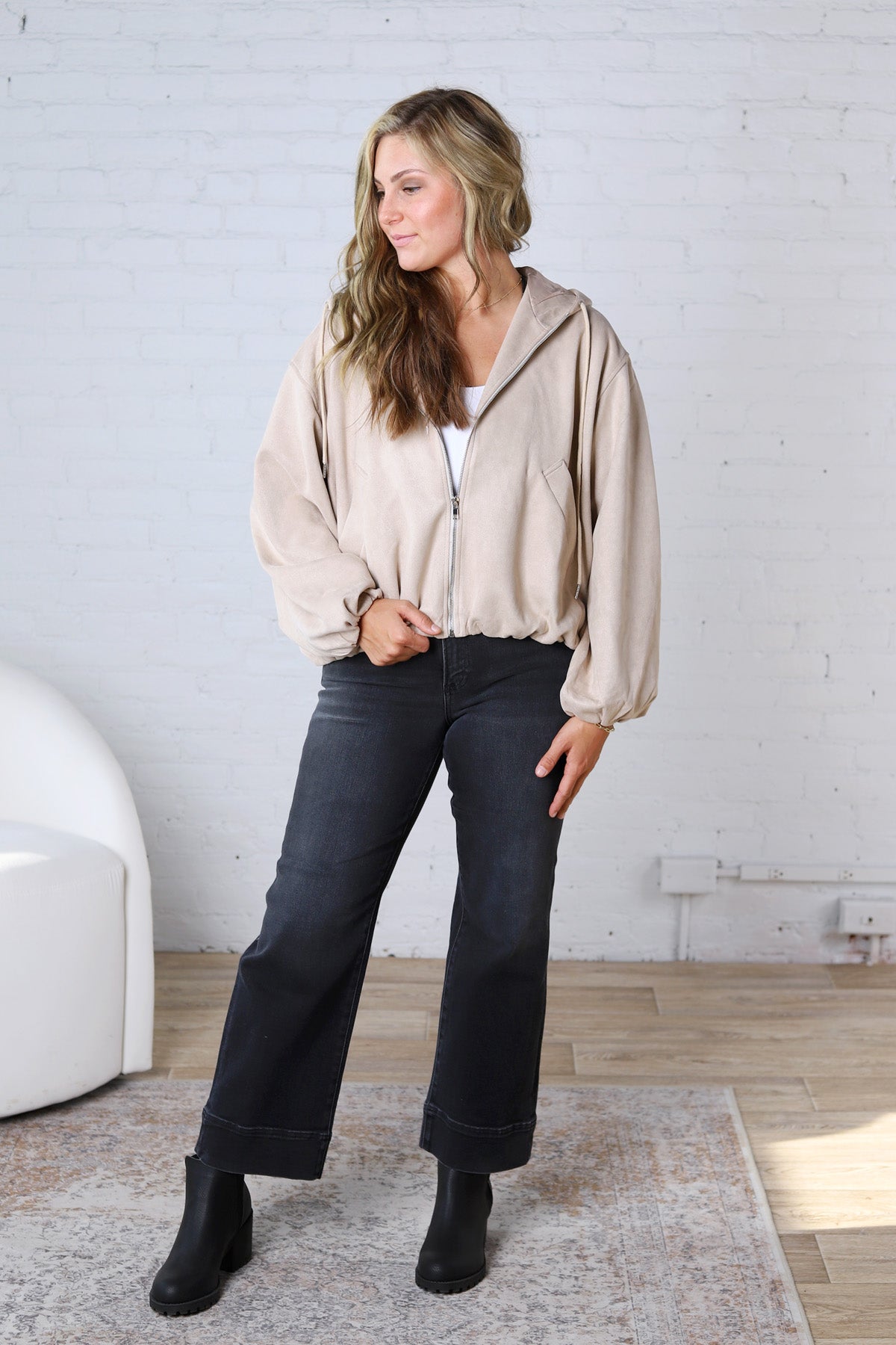 Breya Faux Suede Hooded Crop Jacket - Beige