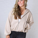 Breya Faux Suede Hooded Crop Jacket - Beige