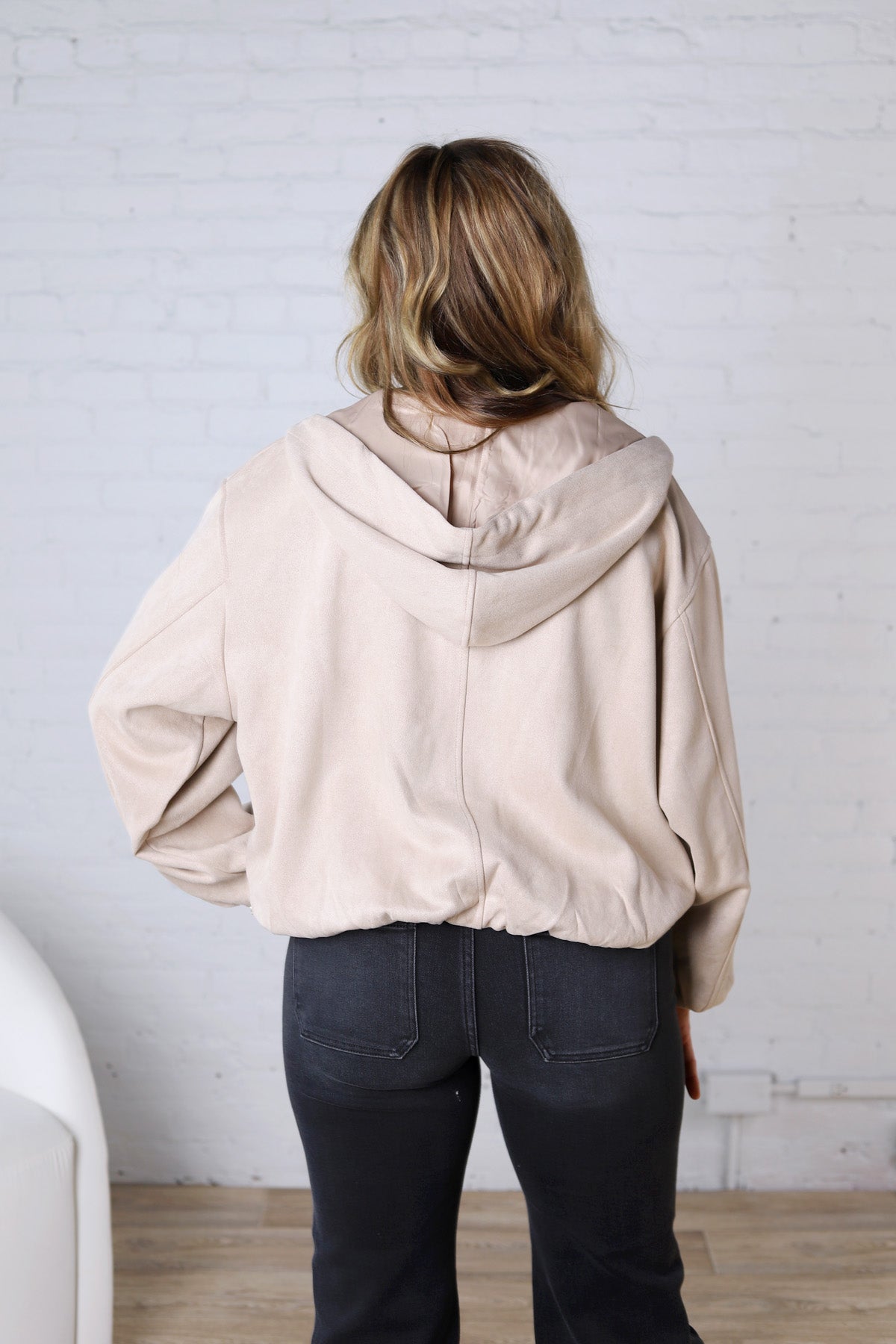 Breya Faux Suede Hooded Crop Jacket - Beige