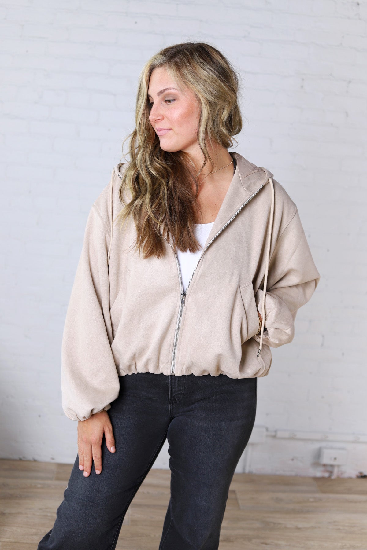 Breya Faux Suede Hooded Crop Jacket - Beige