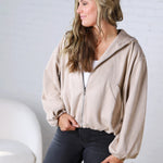 Breya Faux Suede Hooded Crop Jacket - Beige