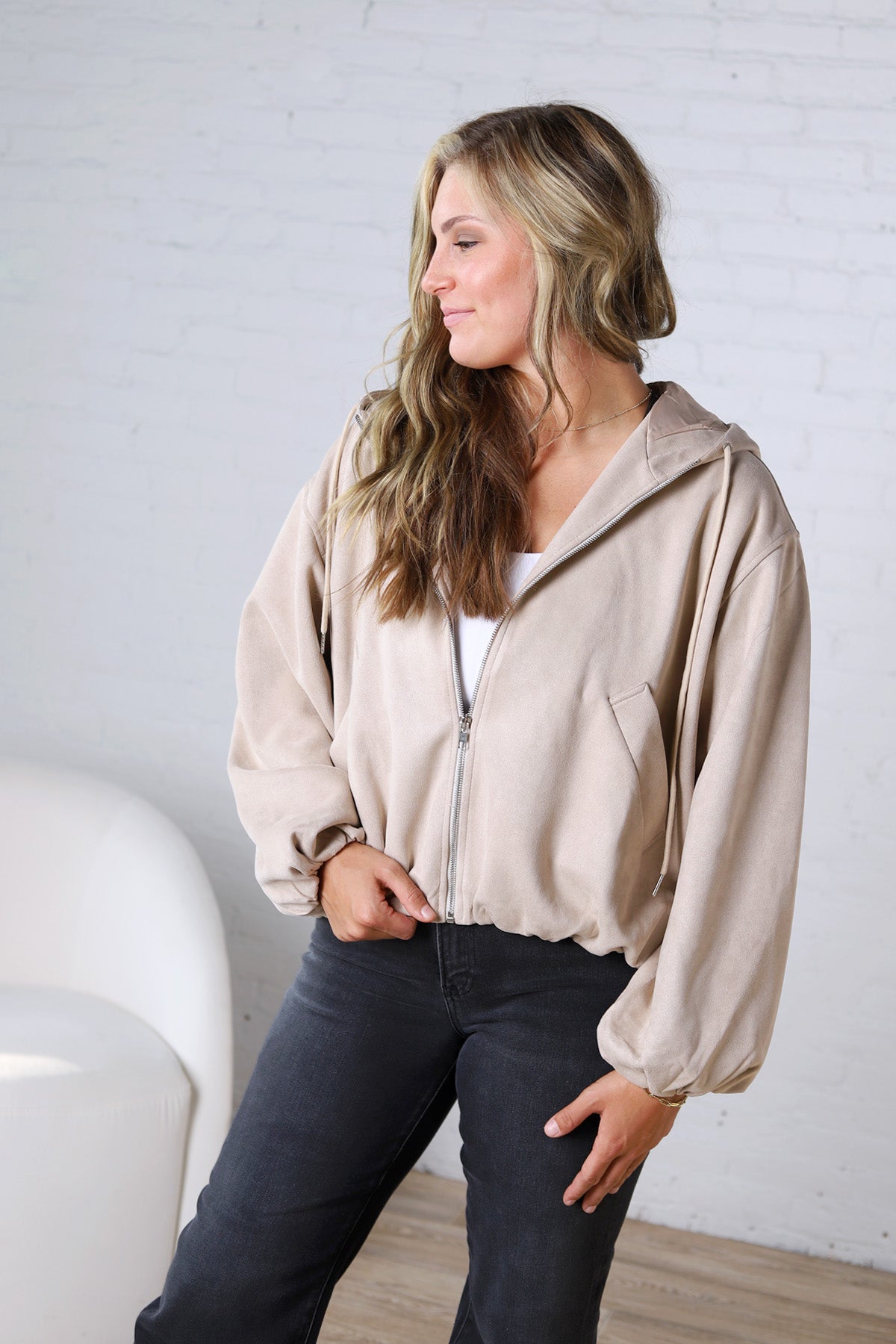 Breya Faux Suede Hooded Crop Jacket - Beige