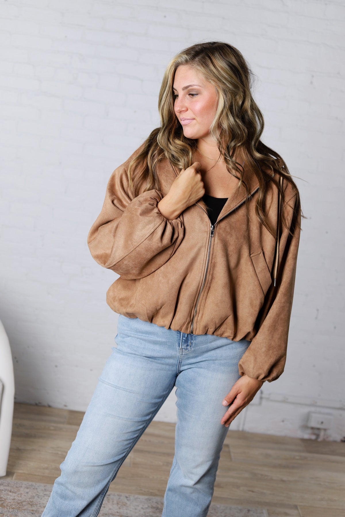 Breya Faux Suede Hooded Crop Jacket - Camel