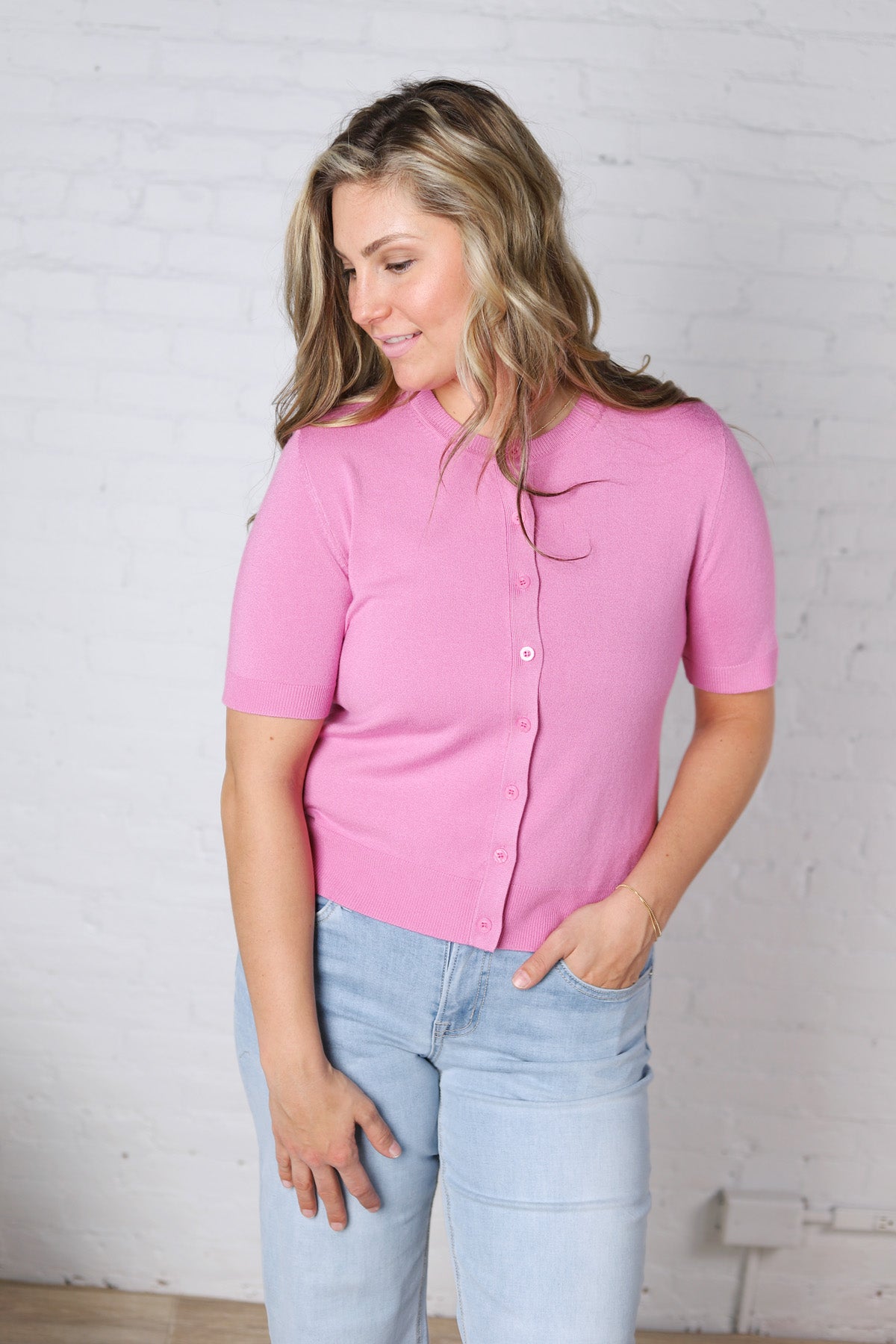 Brielle Crew Neck Cardigan - Pink FINAL SALE