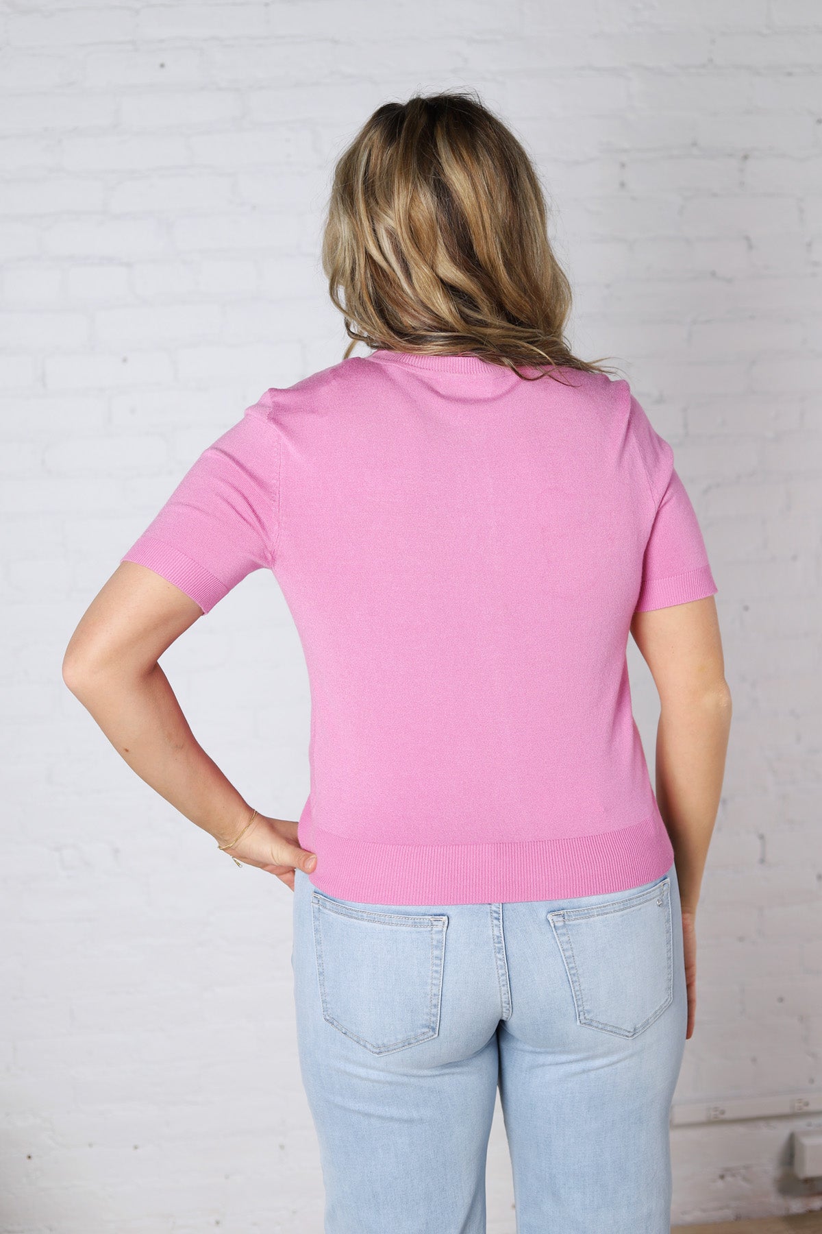 Brielle Crew Neck Cardigan - Pink FINAL SALE